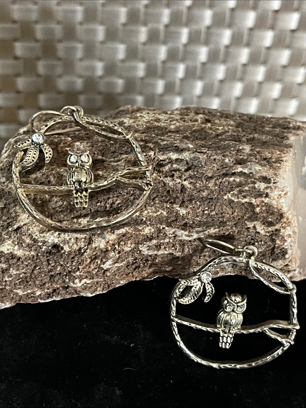 Vintage Gold Tone Owl Hoop Dangle Earrings Rhinestone Eyes Boho